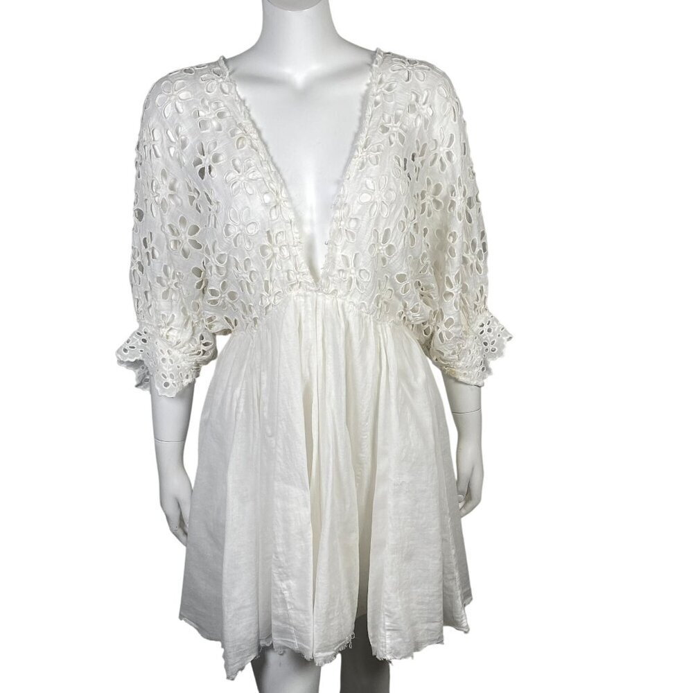 Free People Bella Note Eyelet Mini Dress White Cotton Raw Hem Boho Flowy